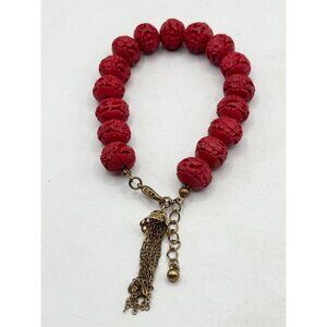 Vintage red cinnabar beaded tassel bracelet